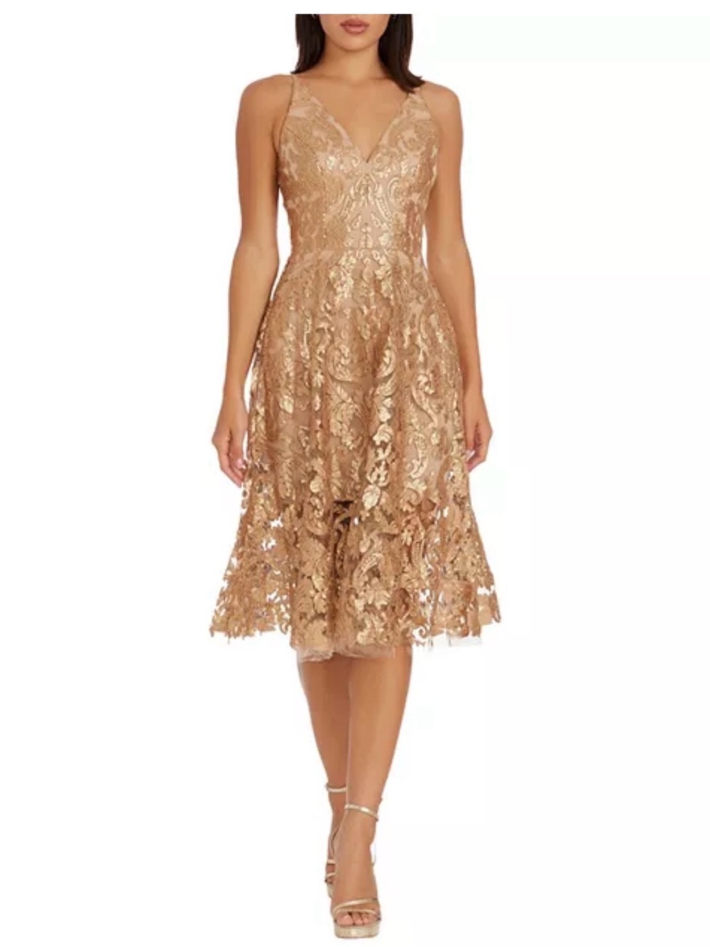 Dress the Population Gold Lace V-Neck A-Line Midi Dress